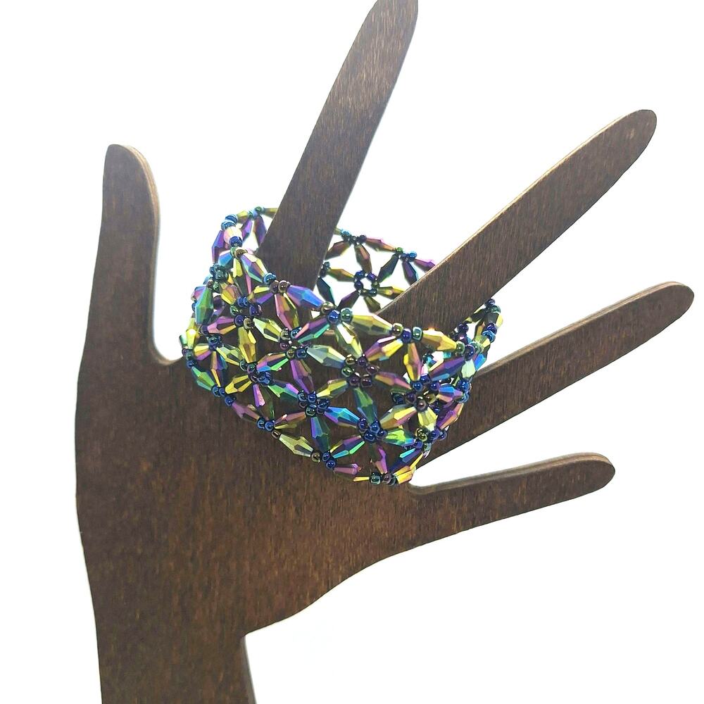 Black Iris Flower Stretch Bracelet Faceted Crystals